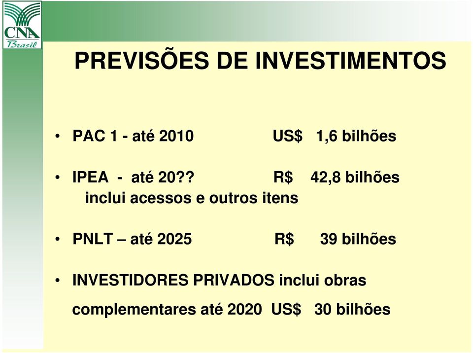 ? R$ 42,8 bilhões inclui acessos e outros itens PNLT