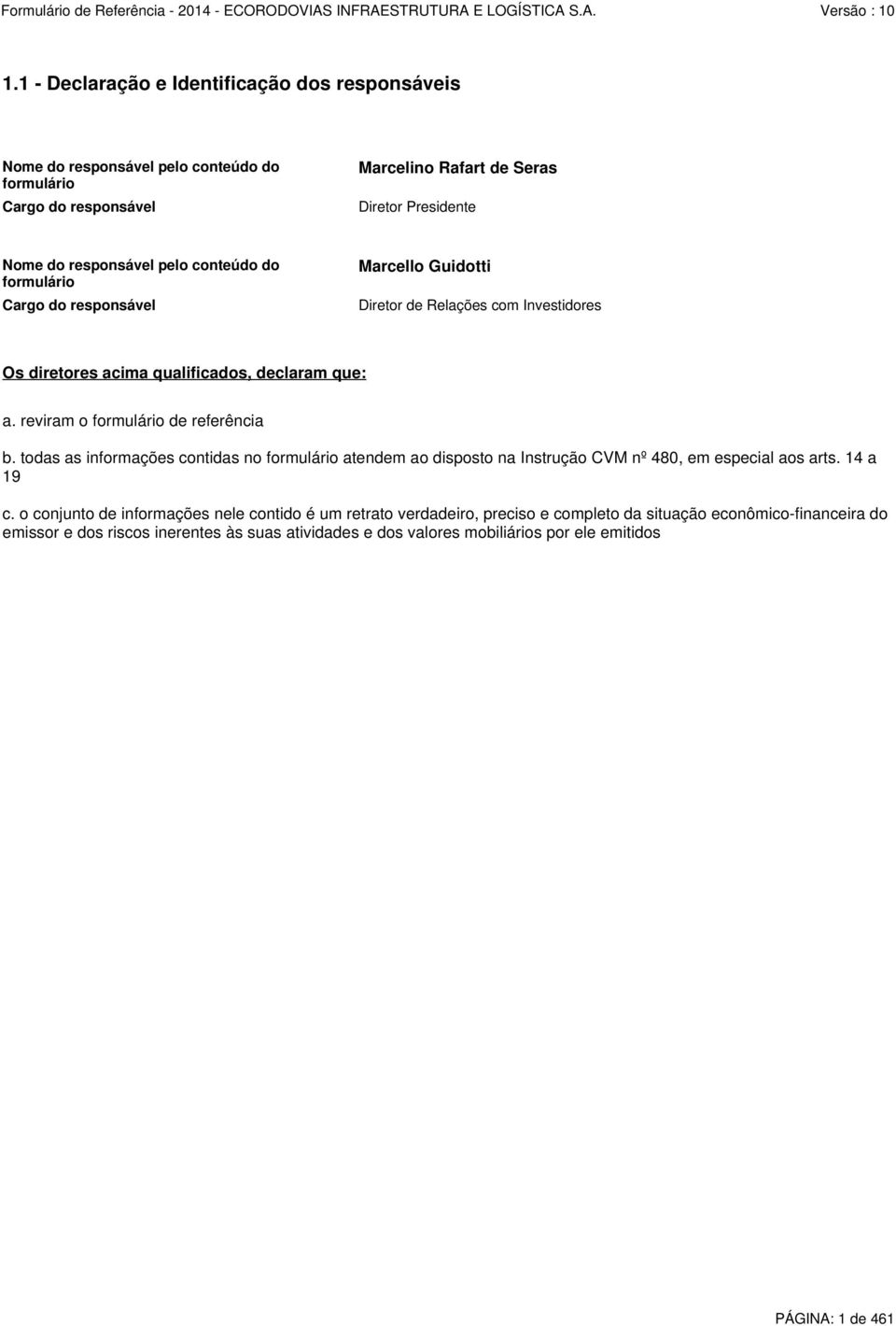 reviram o formulário de referência b. todas as informações contidas no formulário atendem ao disposto na Instrução CVM nº 480, em especial aos arts. 14 a 19 c.