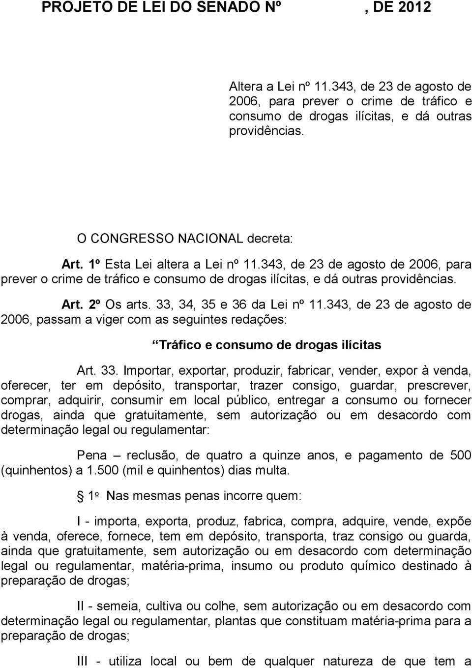 33, 34, 35 e 36 da Lei nº 11.343, de 23 de agosto de 2006, passam a viger com as seguintes redações: Tráfico e consumo de drogas ilícitas Art. 33.