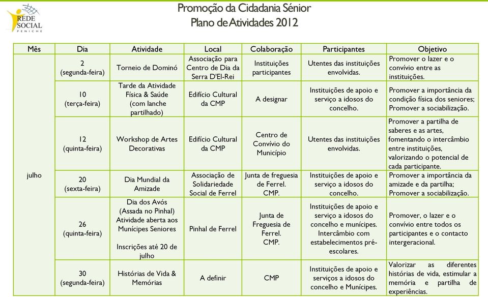 Atividade aberta aos Munícipes Seniores Inscrições até 20 de julho da da Associação de Solidariedade Social de Ferrel Pinhal de Ferrel A designar Centro de Convívio do Município Junta de freguesia de