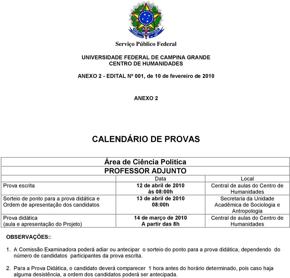 de Humanidades Secretaria da Unidade Acadêmica de Sociologia e Antropologia Central de aulas do Centro de Humanidades OBSERVAÇÕES:: 1.