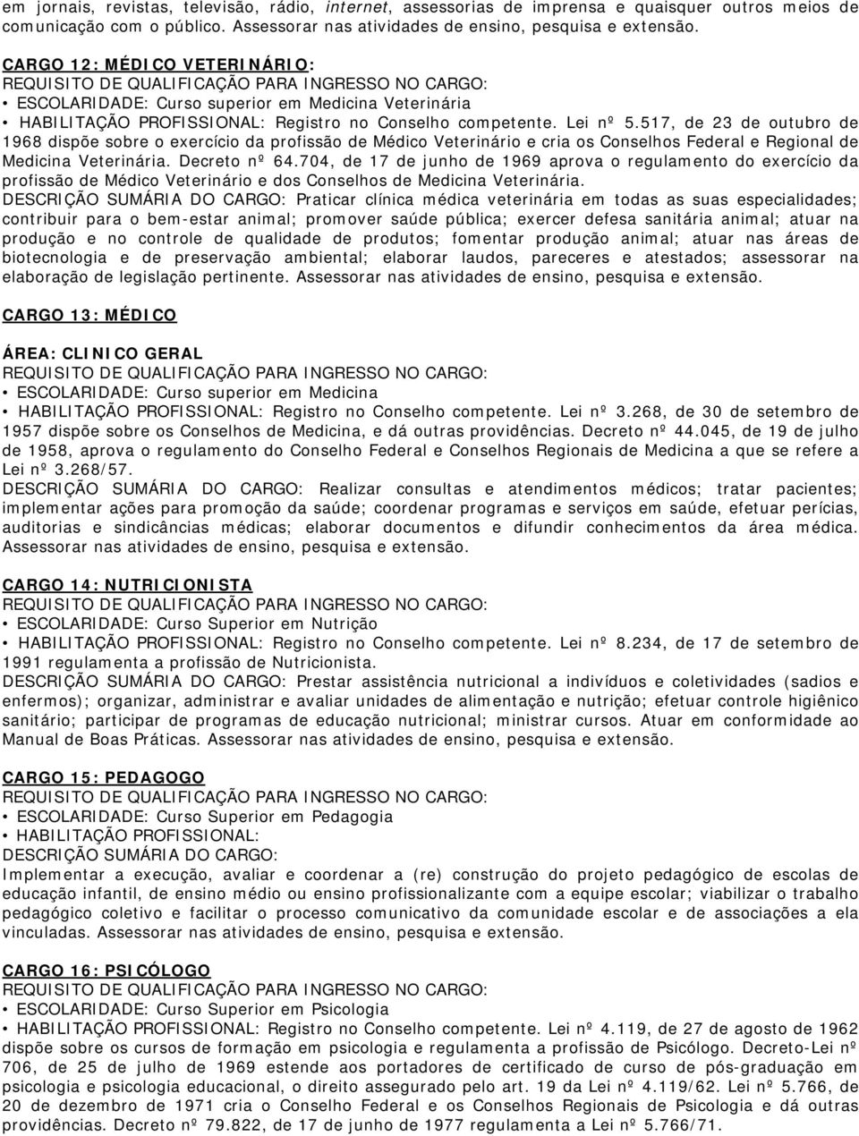 517, de 23 de outubro de 1968 dispõe sobre o exercício da profissão de Médico Veterinário e cria os Conselhos Federal e Regional de Medicina Veterinária. Decreto nº 64.