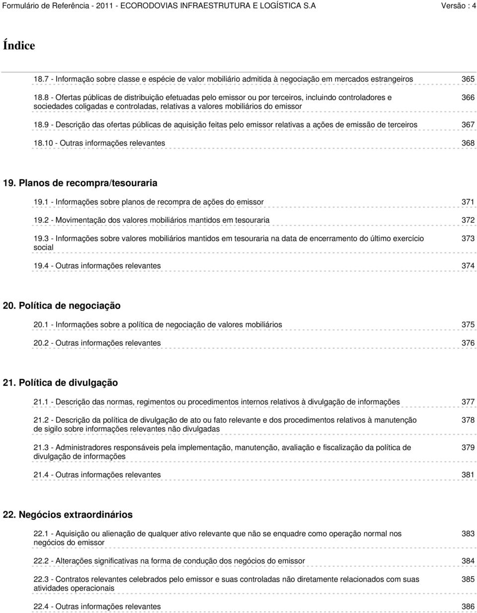 9 - Descrição das ofertas públicas de aquisição feitas pelo emissor relativas a ações de emissão de terceiros 367 18.10 - Outras informações relevantes 368 19. Planos de recompra/tesouraria 19.