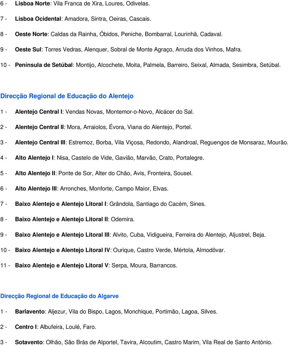 Direcção Regional de Educação do Alentejo 1 - Alentejo Central I: Vendas Novas, Montemor-o-Novo, Alcácer do Sal. 2 - Alentejo Central II: Mora, Arraiolos, Évora, Viana do Alentejo, Portel.