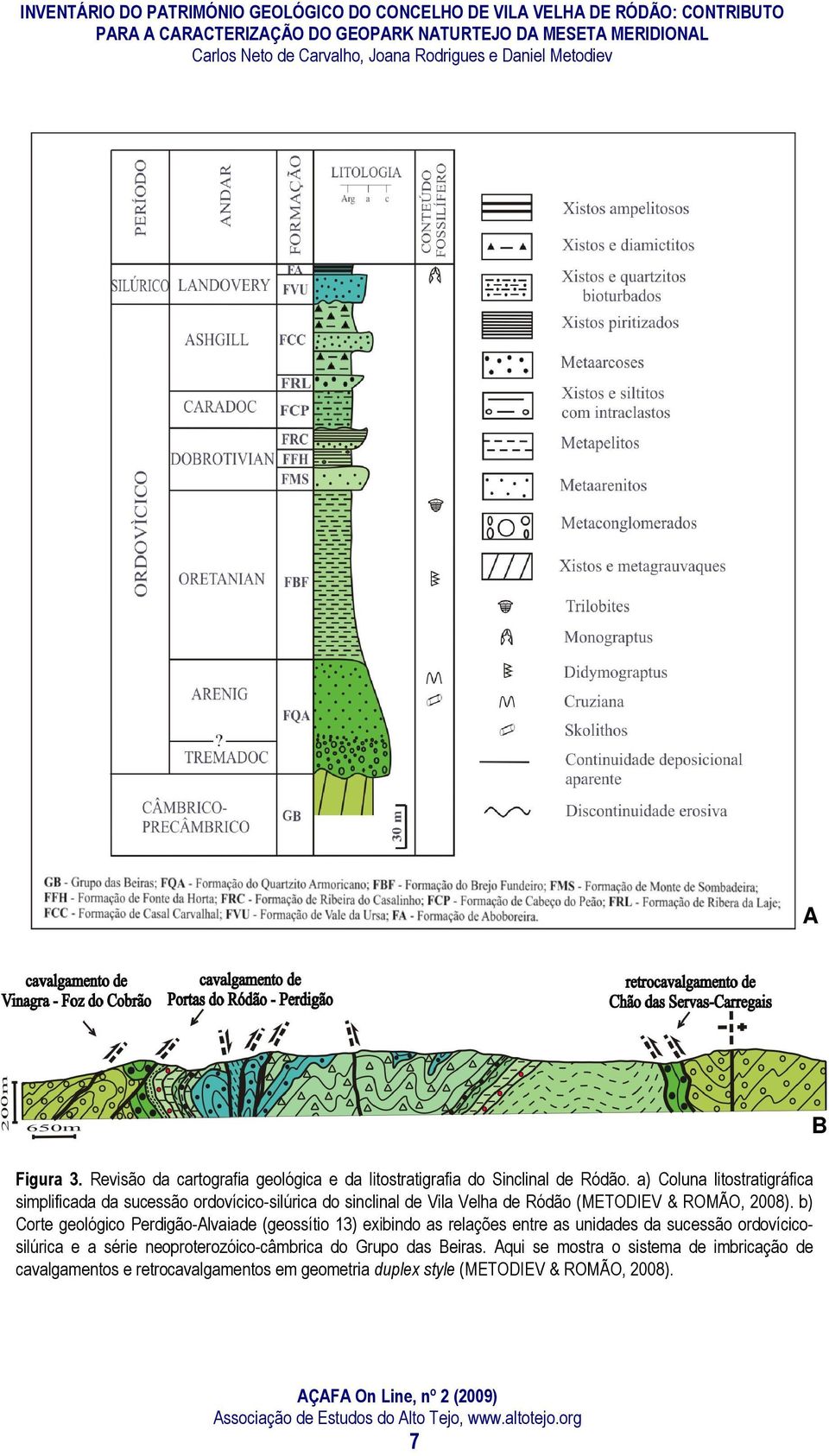 b) Corte geológico Perdigão-Alvaiade (geossítio 13) exibindo as relações entre as unidades da sucessão ordovícicosilúrica e a série