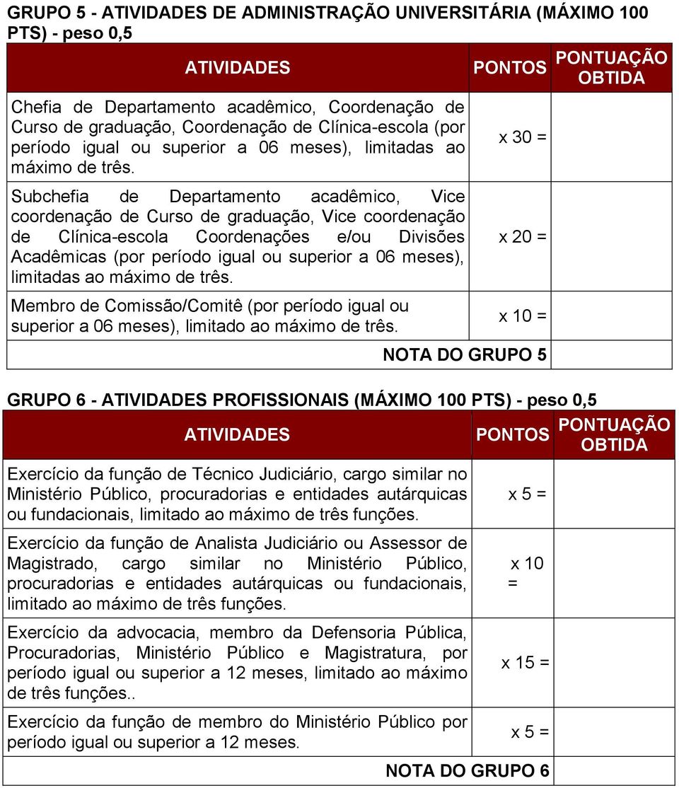 Subchefia de Departamento acadêmico, Vice coordenação de Curso de graduação, Vice coordenação de Clínica-escola Coordenações e/ou Divisões Acadêmicas (por período igual ou superior a 06 meses),