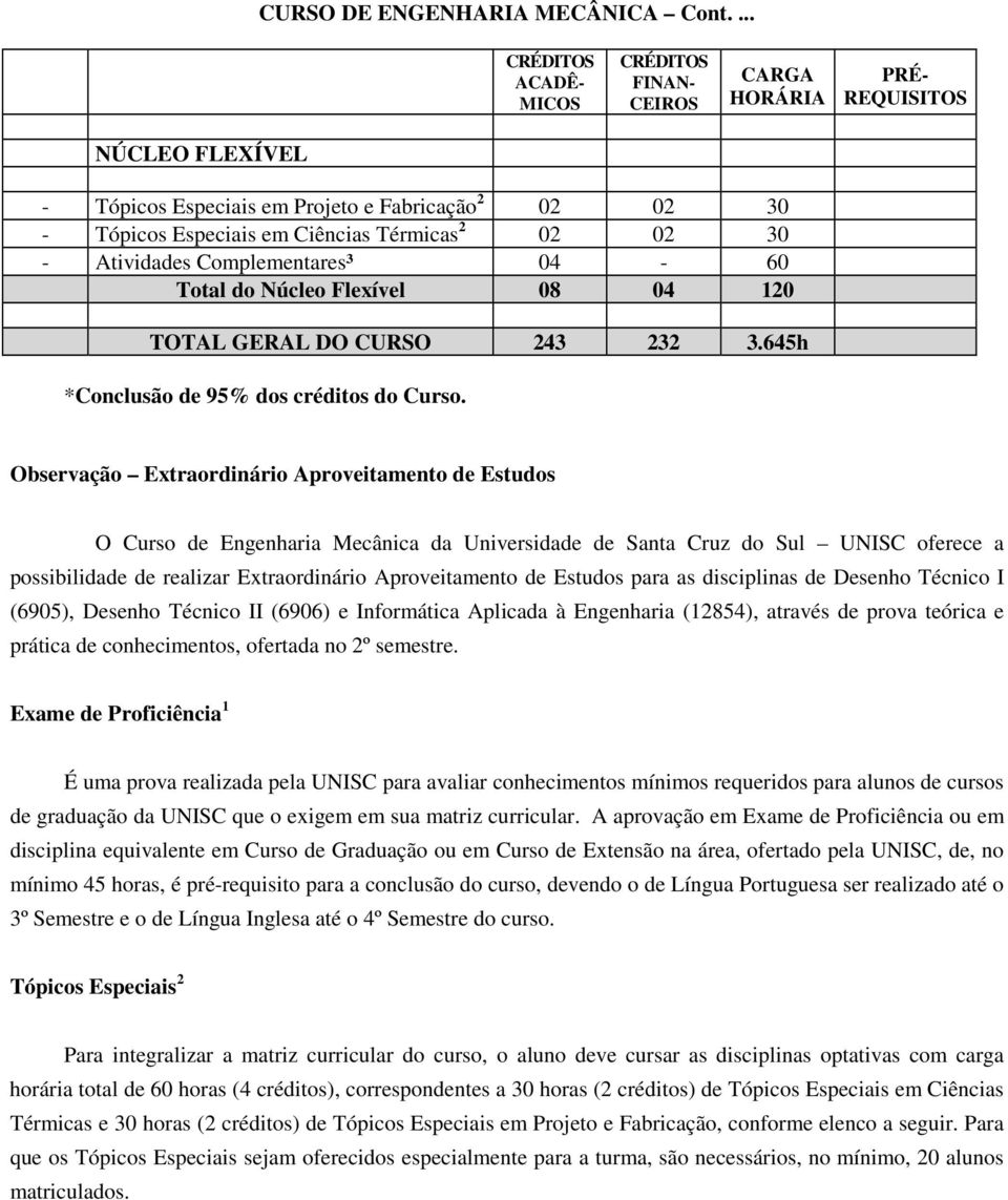 Observação Extraordinário Aproveitamento de Estudos O Curso de Engenharia Mecânica da Universidade de Santa Cruz do Sul UNISC oferece a possibilidade de realizar Extraordinário Aproveitamento de