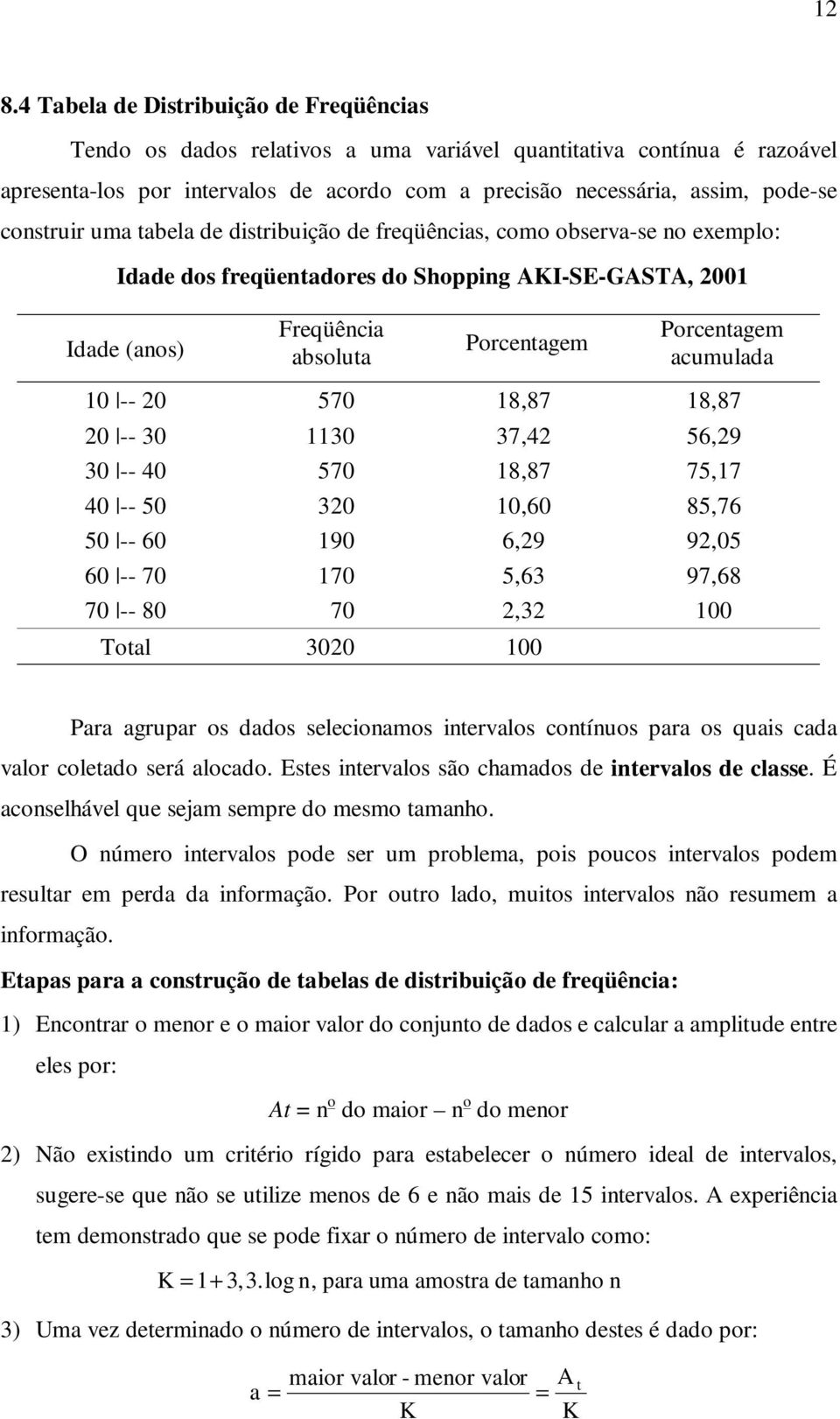 acumulada 10 -- 20 570 18,87 18,87 20 -- 30 1130 37,42 56,29 30 -- 40 570 18,87 75,17 40 -- 50 320 10,60 85,76 50 -- 60 190 6,29 92,05 60 -- 70 170 5,63 97,68 70 -- 80 70 2,32 100 Total 3020 100 Para