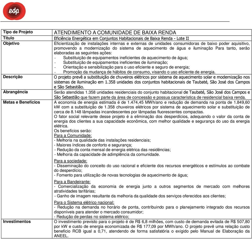 ineficientes de aquecimento de água; - Substituição de equipamentos ineficientes de iluminação; - Orientação e sensibilização para o uso eficiente e seguro de energia; - Promoção da mudança de