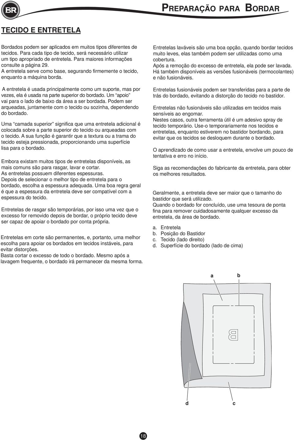 A entretela é usada principalmente como um suporte, mas por vezes, ela é usada na parte superior do bordado. Um apoio vai para o lado de baixo da área a ser bordada.