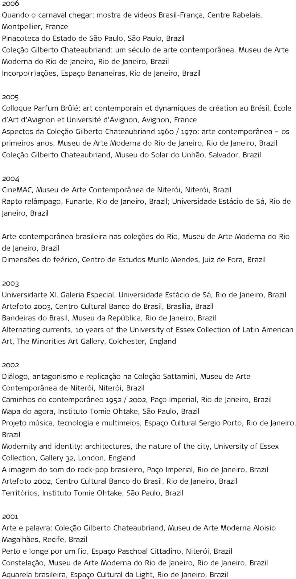 Brésil, École d Art d Avignon et Université d'avignon, Avignon, France Aspectos da Coleção Gilberto Chateaubriand 1960 / 1970: arte contemporânea os primeiros anos, Museu de Arte Moderna do Rio de