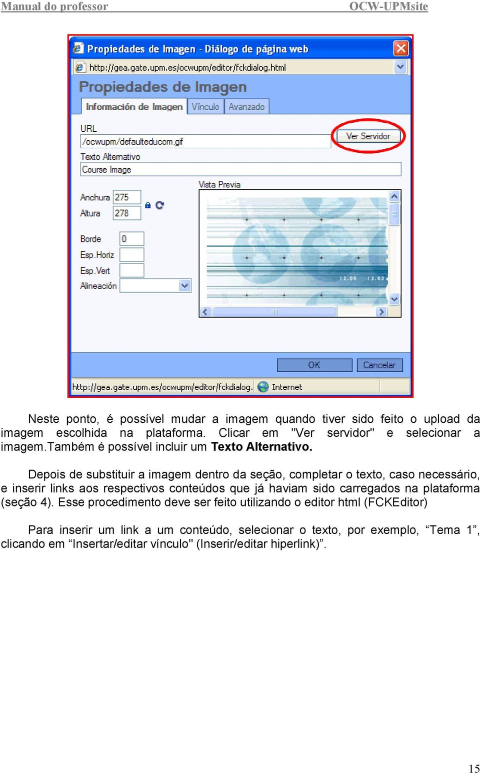 Depois de substituir a imagem dentro da seção, completar o texto, caso necessário, e inserir links aos respectivos conteúdos que já haviam sido