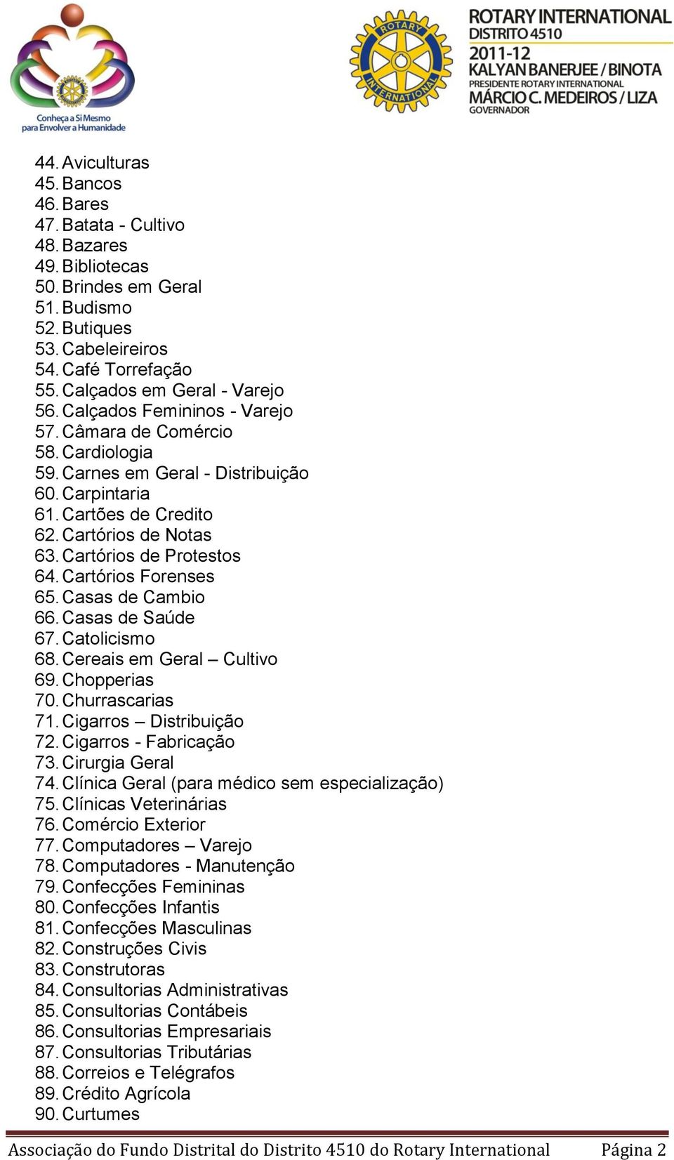 Cartórios de Protestos 64. Cartórios Forenses 65. Casas de Cambio 66. Casas de Saúde 67. Catolicismo 68. Cereais em Geral Cultivo 69. Chopperias 70. Churrascarias 71. Cigarros Distribuição 72.