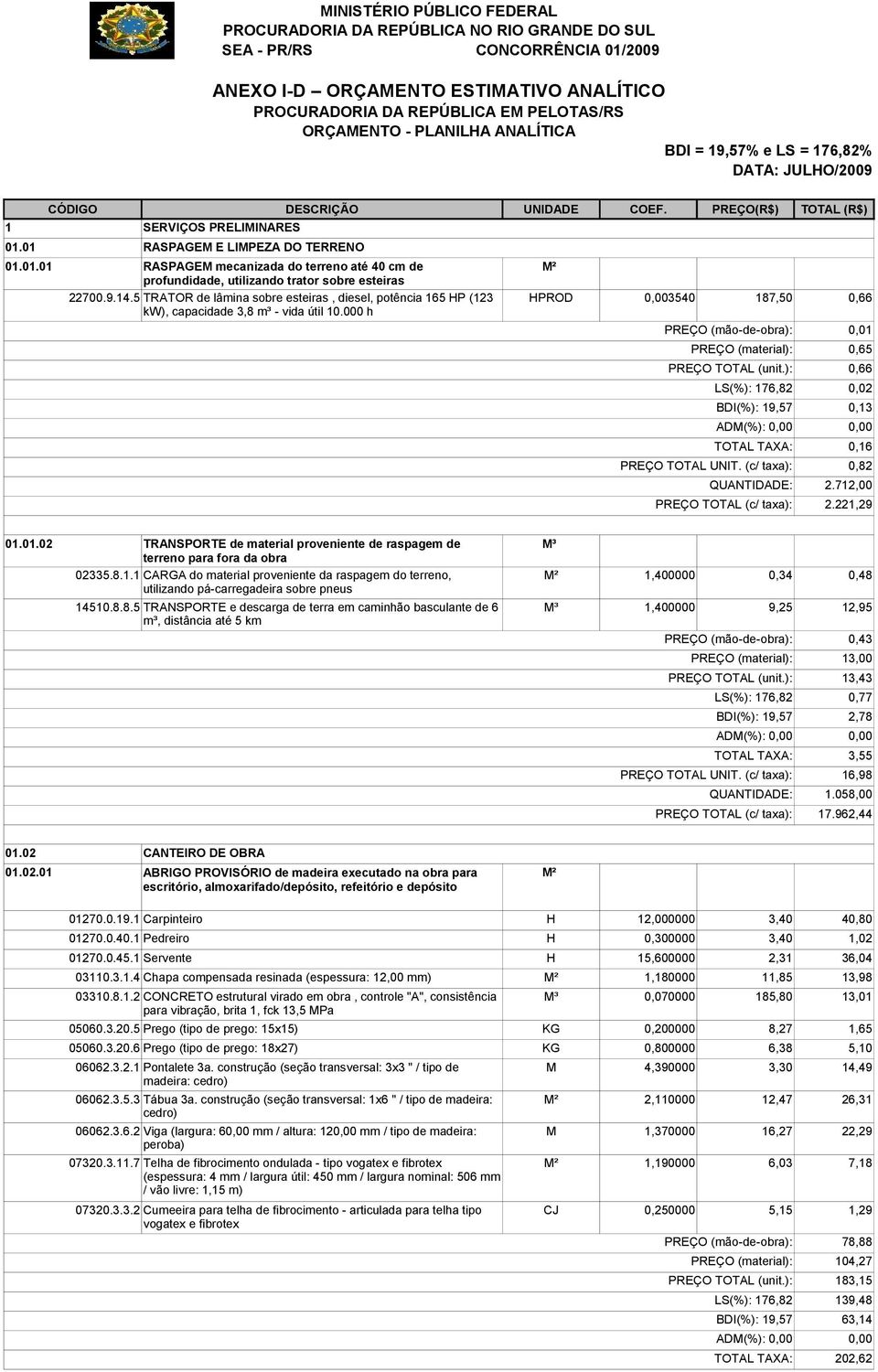 5 TRATOR de lâmina sobre esteiras, diesel, potência 165 HP (123 HPROD 0,003540 187,50 0,66 kw), capacidade 3,8 m³ - vida útil 10.