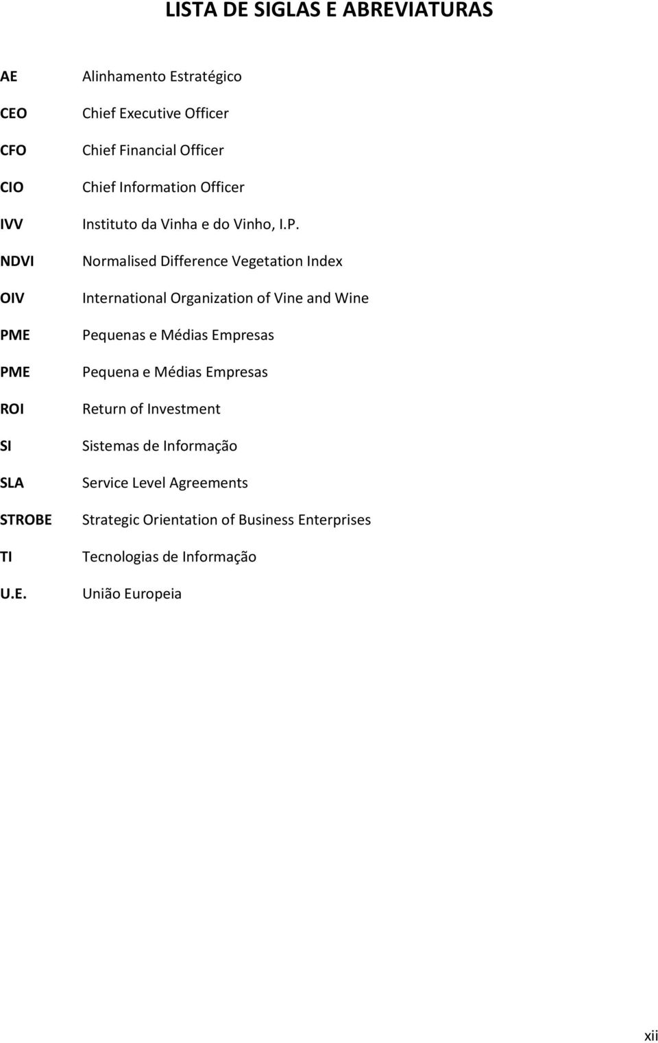 ABREVIATURAS AE CEO CFO CIO IVV NDVI OIV PME PME ROI SI SLA STROBE TI U.E. Alinhamento Estratégico Chief Executive Officer Chief