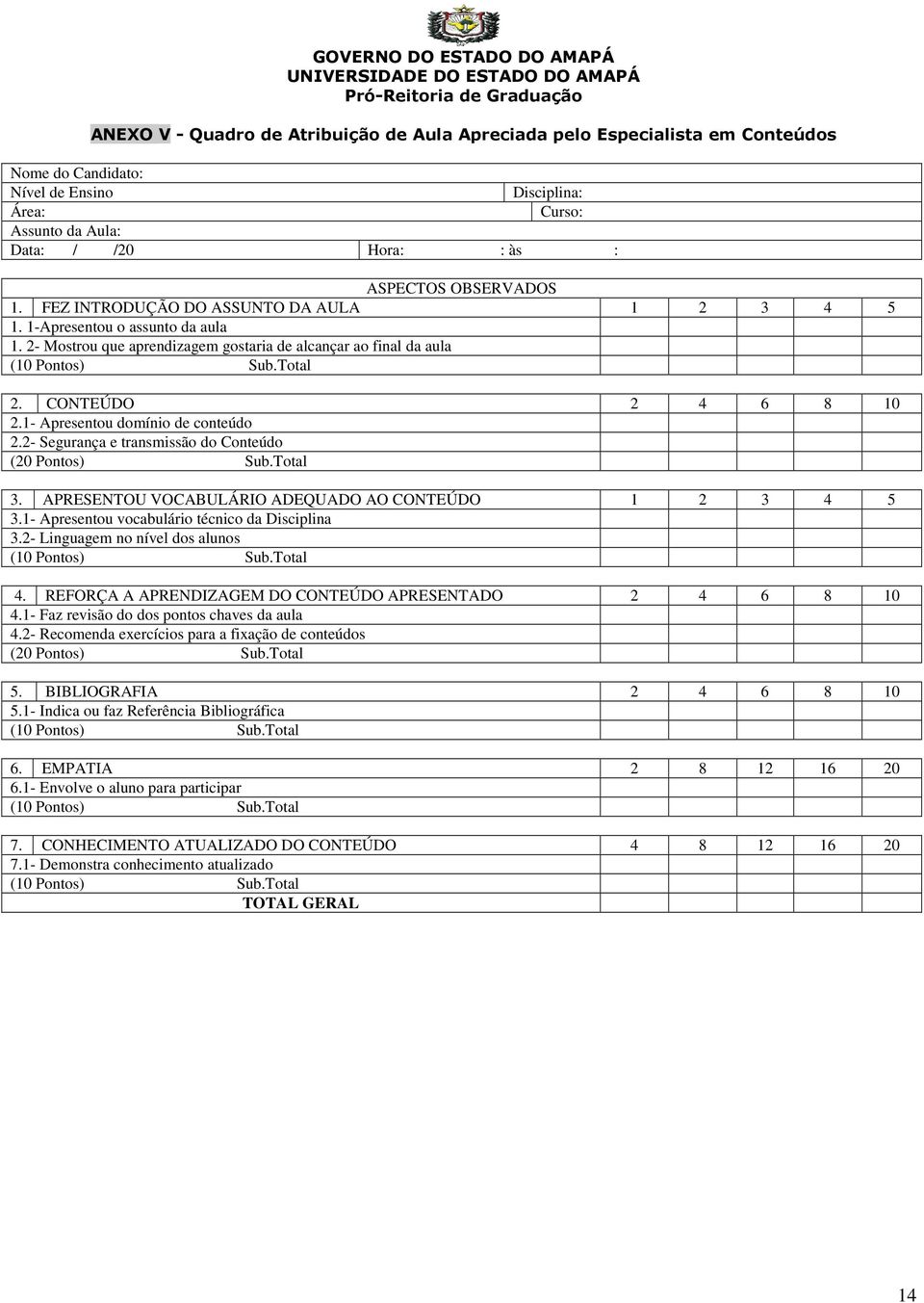 2- Mostrou que aprendizagem gostaria de alcançar ao final da aula (10 Pontos) Sub.Total 2. CONTEÚDO 2 4 6 8 10 2.1- Apresentou domínio de conteúdo 2.