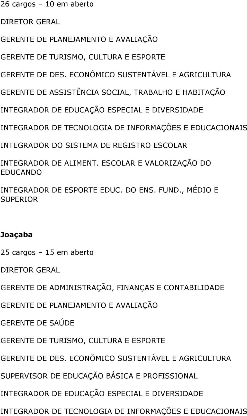 , MÉDIO E SUPERIOR Joaçaba 25 cargos 15 em aberto GERENTE DE ADMINISTRAÇÃO,