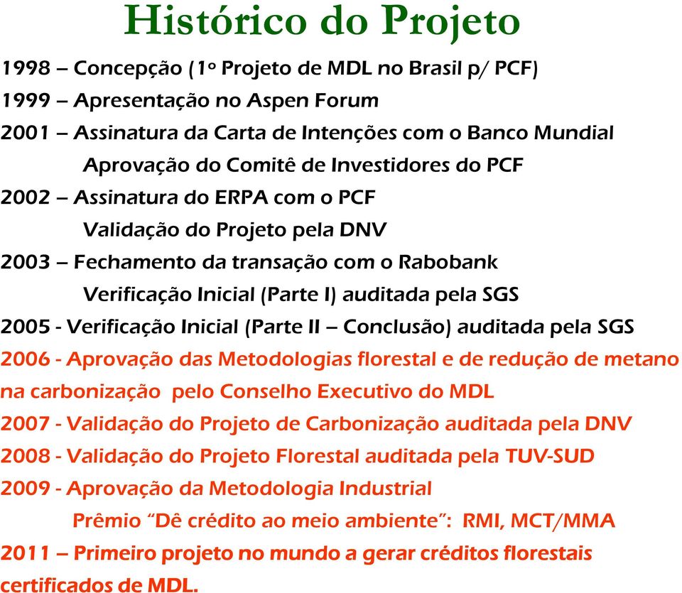 Conclusão) auditada pela SGS 2006 - Aprovação das Metodologias florestal e de redução de metano na carbonização pelo Conselho Executivo do MDL 2007 - Validação do Projeto de Carbonização auditada