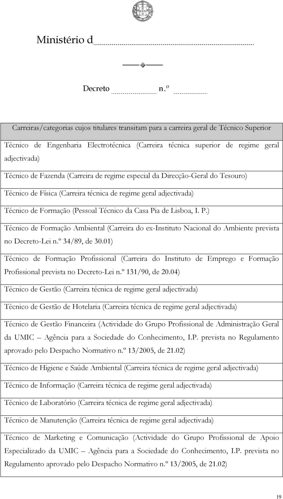 a de Lisboa, I. P.) Técnico de Formação Ambiental (Carreira do ex-instituto Nacional do Ambiente prevista no -Lei 34/89, de 30.