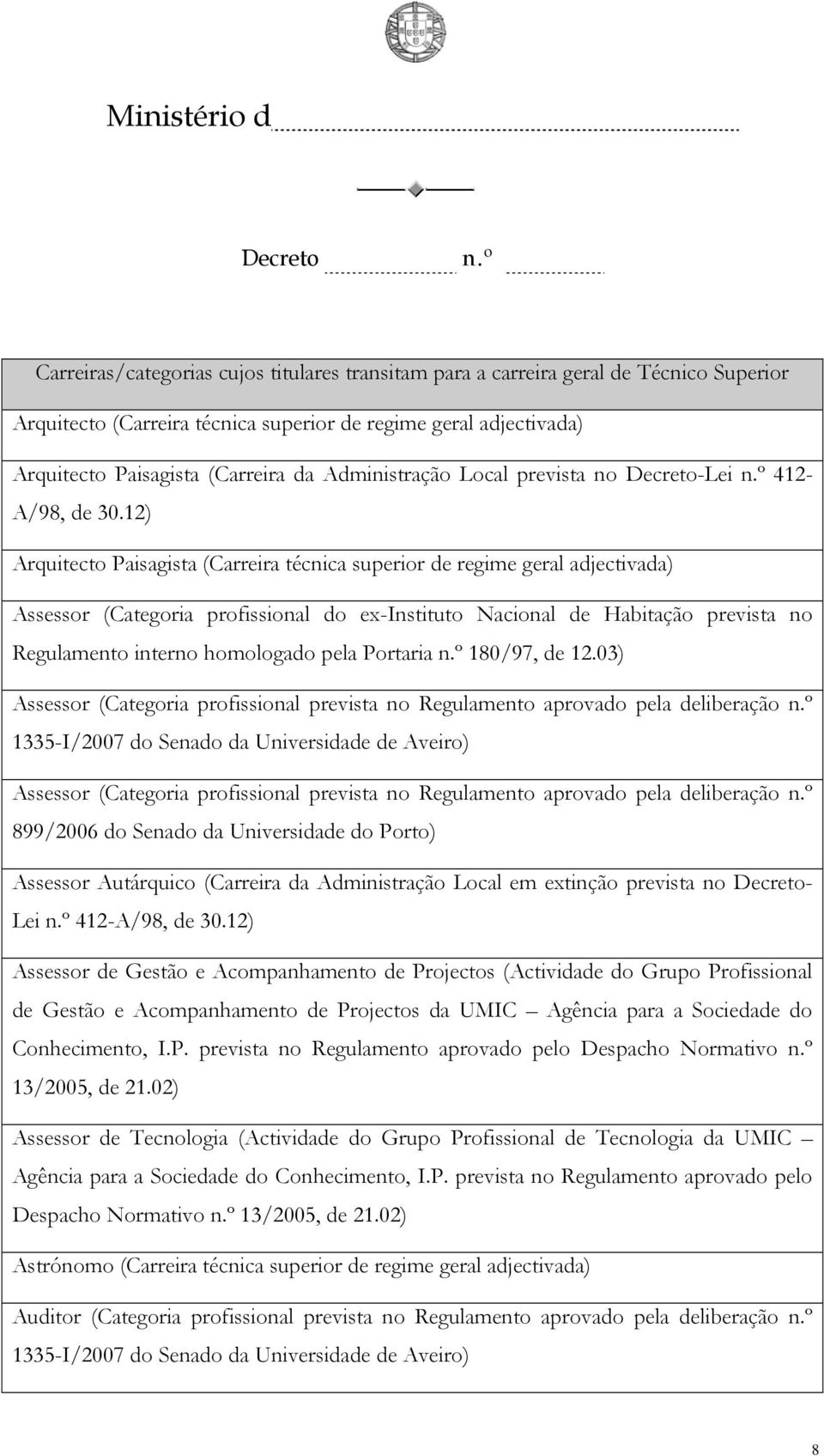 12) Arquitecto Paisagista (Carreira técnica superior de regime geral Assessor (Categoria profissional do ex-instituto Nacional de Habitação prevista no Regulamento interno homologado pela Portaria