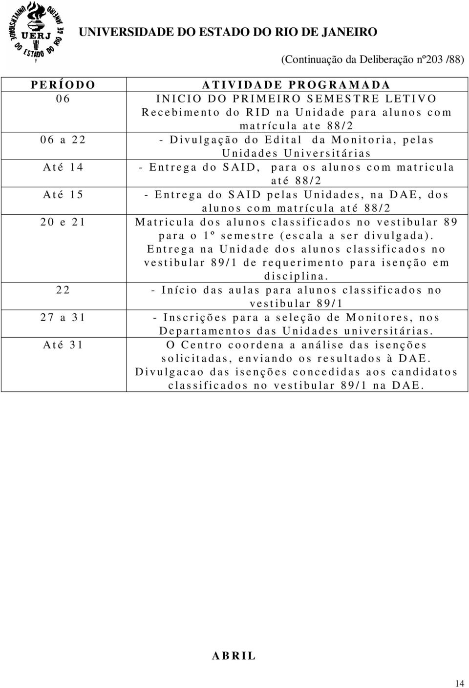 semestre (escala a ser divulgada). Entrega na Unidade dos alunos classificados no vestibular 89/1 de requerimento para isenção em disciplina.