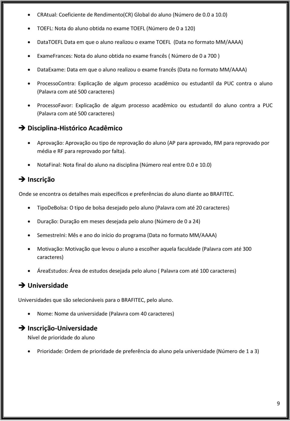 Número de 0 a 700 ) DataExame: Data em que o aluno realizou o exame francês (Data no formato MM/AAAA) ProcessoContra: Explicação de algum processo acadêmico ou estudantil da PUC contra o aluno