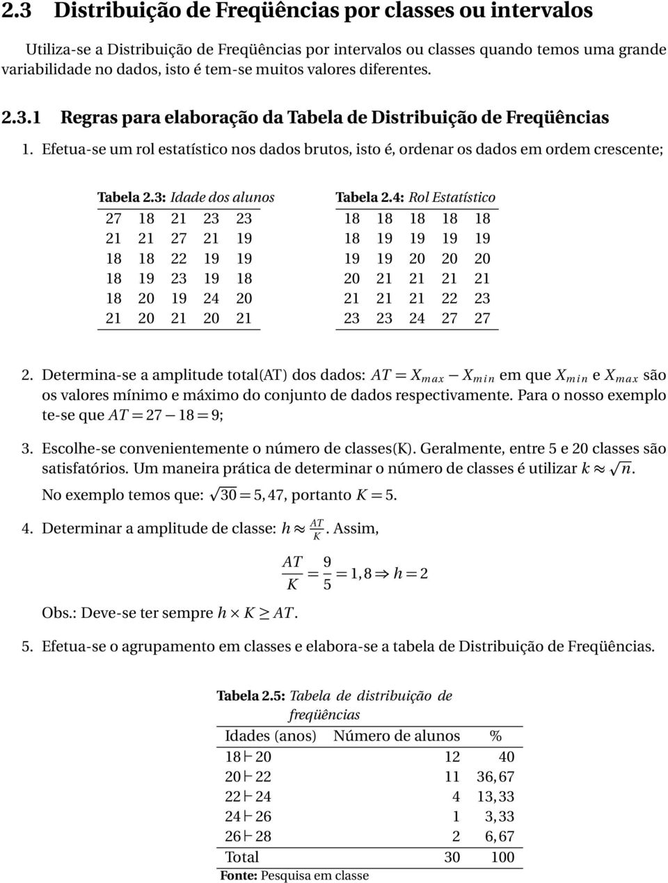 3: Idade dos aluos 27 18 21 23 23 21 21 27 21 19 18 18 22 19 19 18 19 23 19 18 18 20 19 24 20 21 20 21 20 21 Tabela 2.