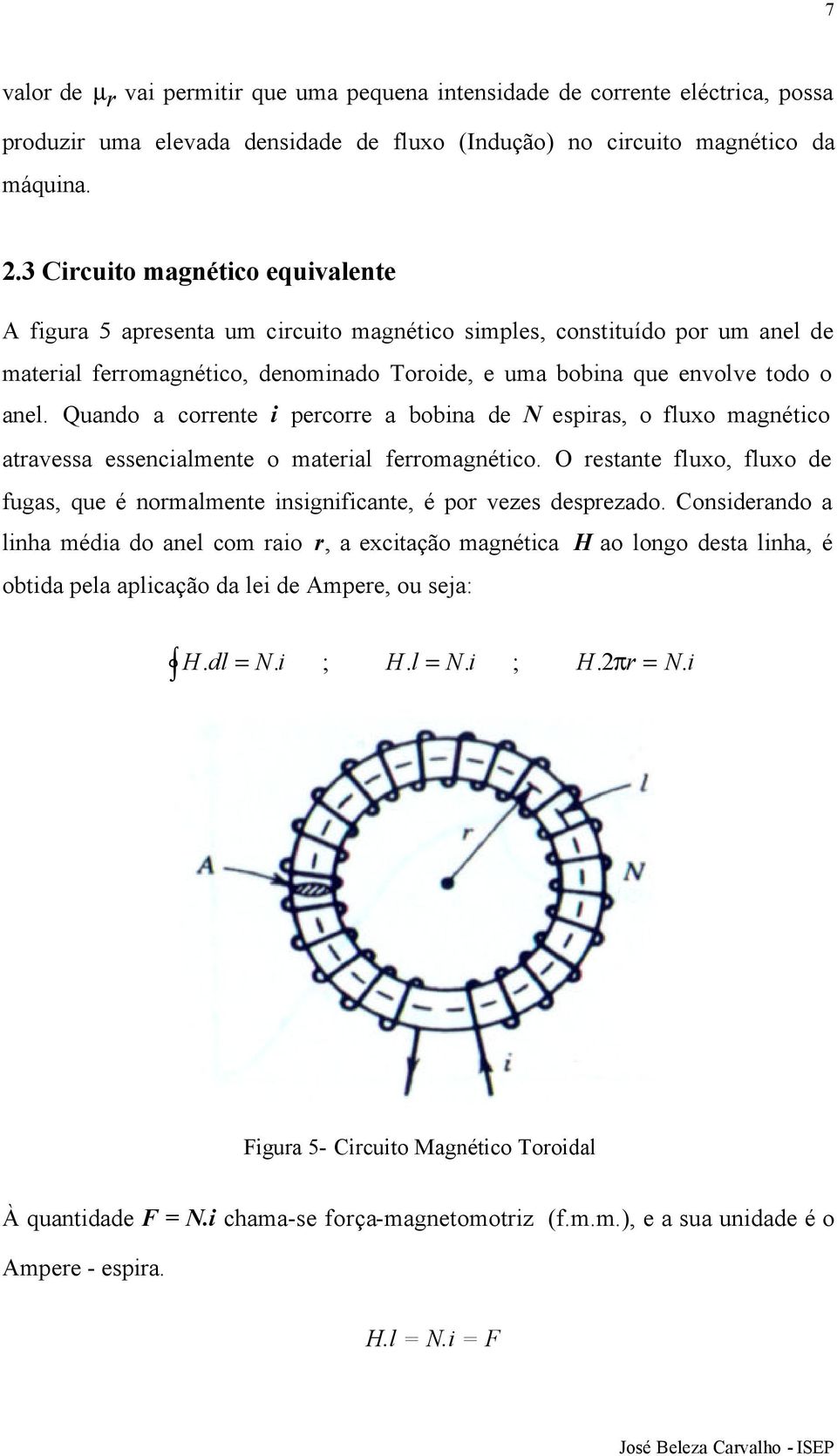 Quando a corrente i percorre a bobina de N espiras, o fluxo magnético atravessa essencialmente o material ferromagnético.