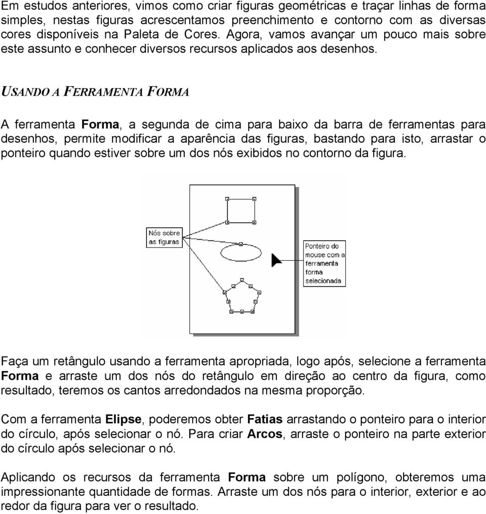 USANDO A FERRAMENTA FORMA A ferramenta Forma, a segunda de cima para baixo da barra de ferramentas para desenhos, permite modificar a aparência das figuras, bastando para isto, arrastar o ponteiro