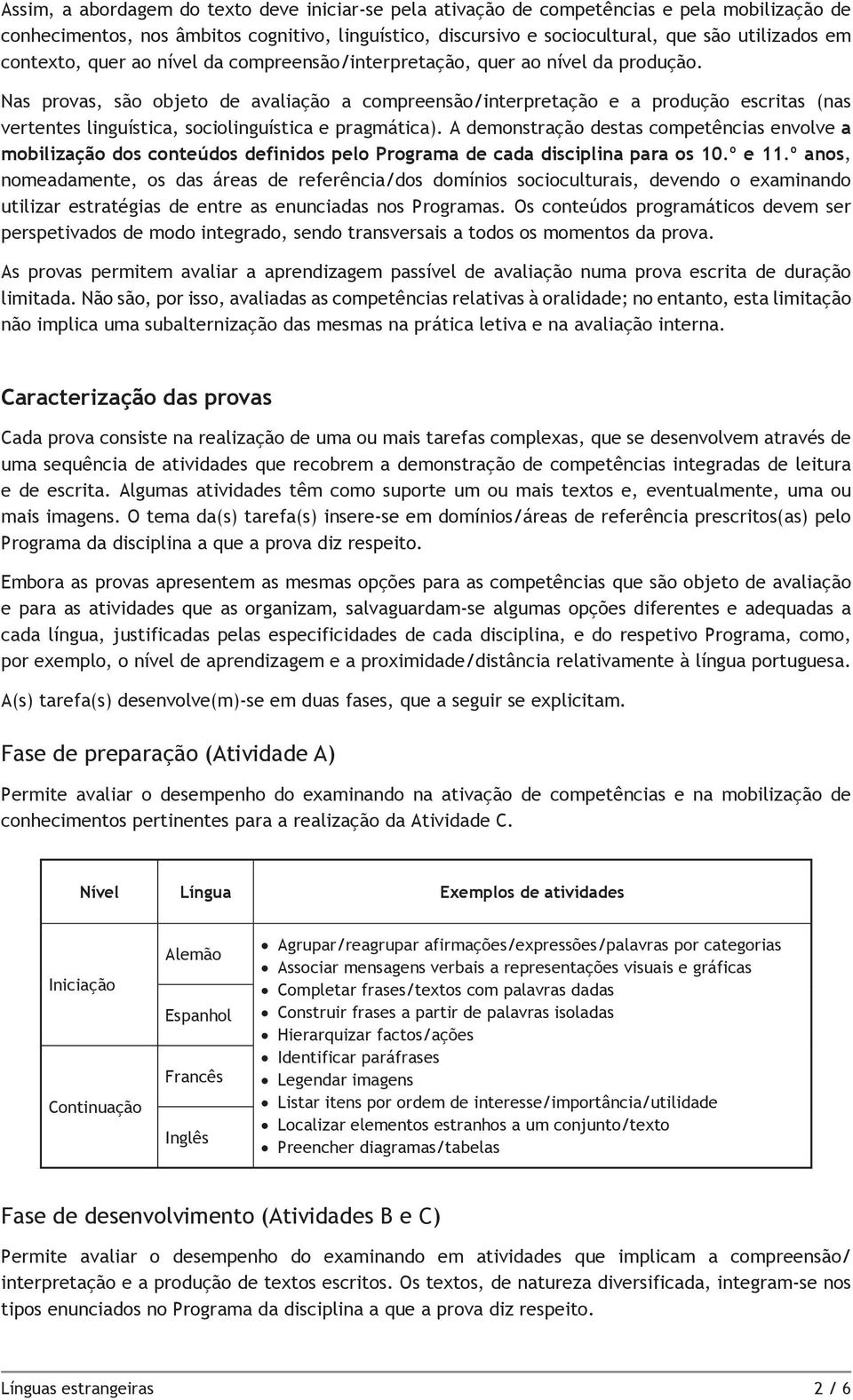 Nas provas, são objeto de avaliação a compreensão/interpretação e a produção escritas (nas vertentes linguística, sociolinguística e pragmática).