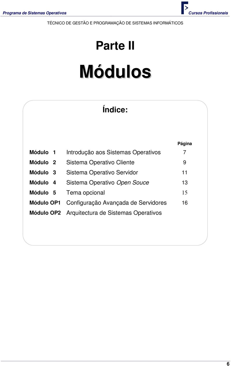 Módulo 4 Sistema Operativo Open Souce 13 Módulo 5 Tema opcional 15 Módulo OP1