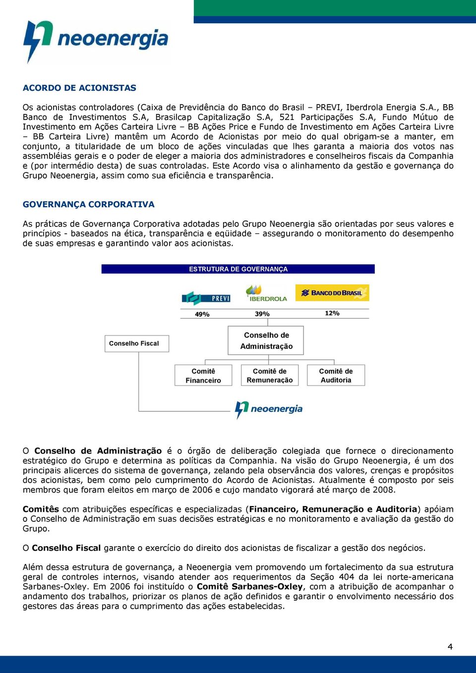 A, Fundo Mútuo de Investimento em Ações Carteira Livre BB Ações Price e Fundo de Investimento em Ações Carteira Livre BB Carteira Livre) mantêm um Acordo de Acionistas por meio do qual obrigam-se a