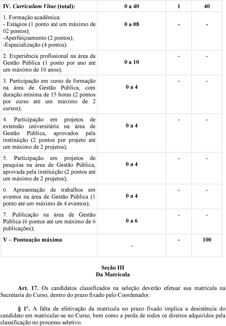 Participação em curso de formação na área de Gestão Pública, com duração mínima de 15 horas (2 pontos por curso até um máximo de 2 cursos); 4.