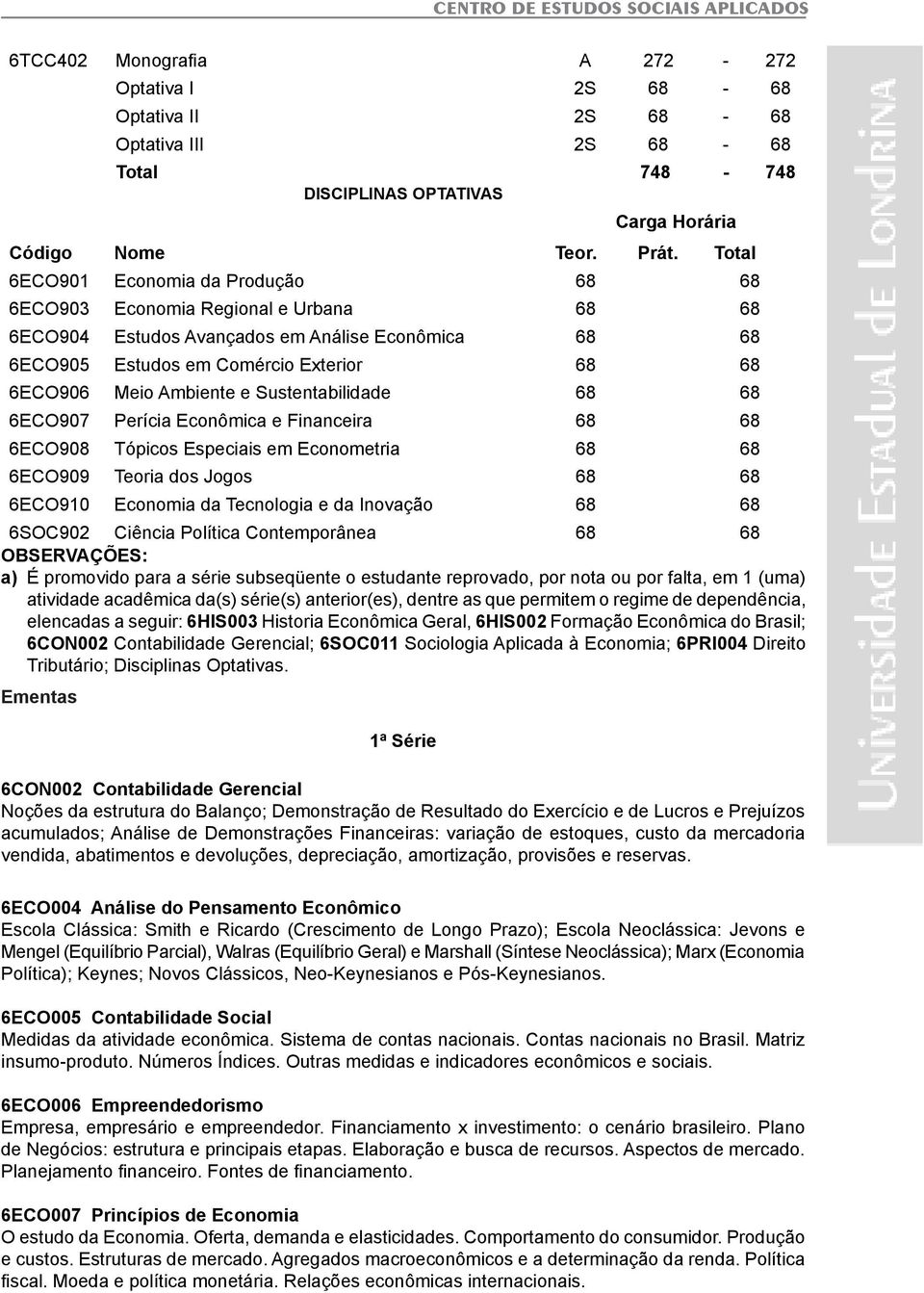 e Sustentabilidade 68 68 6ECO907 Perícia Econômica e Financeira 68 68 6ECO908 Tópicos Especiais em Econometria 68 68 6ECO909 Teoria dos Jogos 68 68 6ECO910 Economia da Tecnologia e da Inovação 68 68