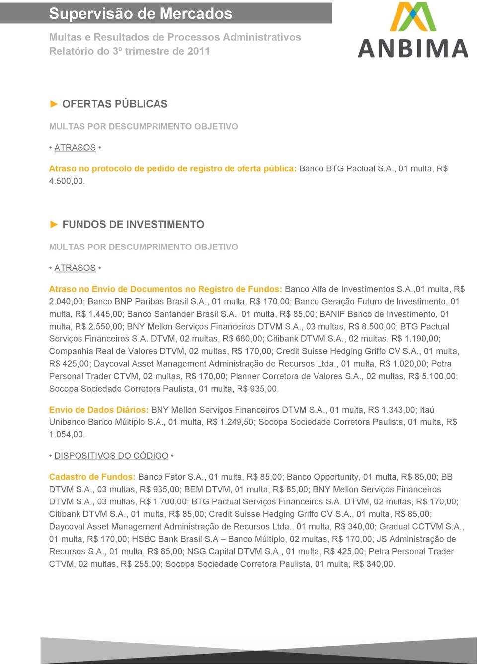 040,00; Banco BNP Paribas Brasil S.A., 01 multa, R$ 170,00; Banco Geração Futuro de Investimento, 01 multa, R$ 1.445,00; Banco Santander Brasil S.A., 01 multa, R$ 85,00; BANIF Banco de Investimento, 01 multa, R$ 2.