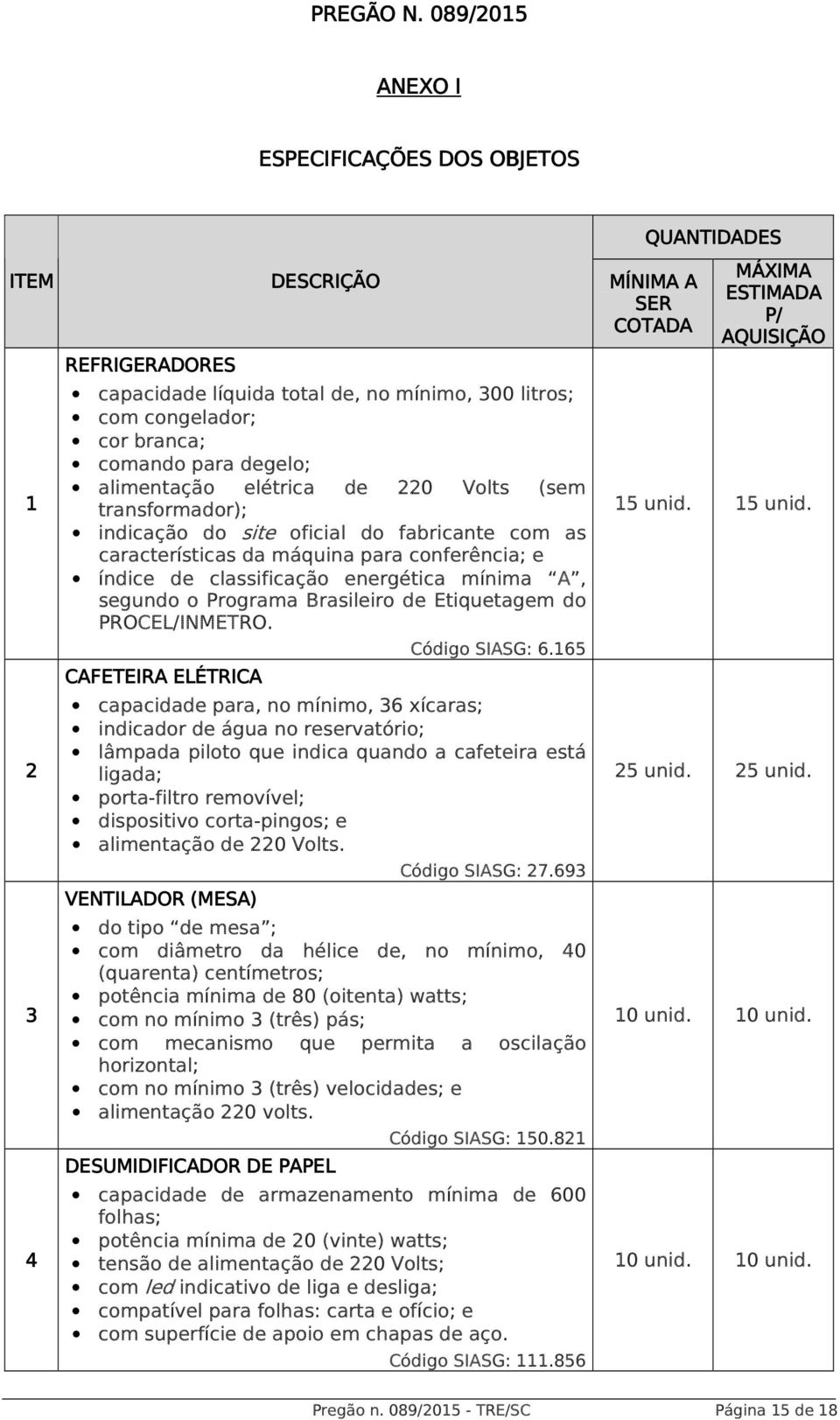 elétrica de 220 Volts (sem transformador); indicação do site oficial do fabricante com as características da máquina para conferência; e índice de classificação energética mínima A, segundo o