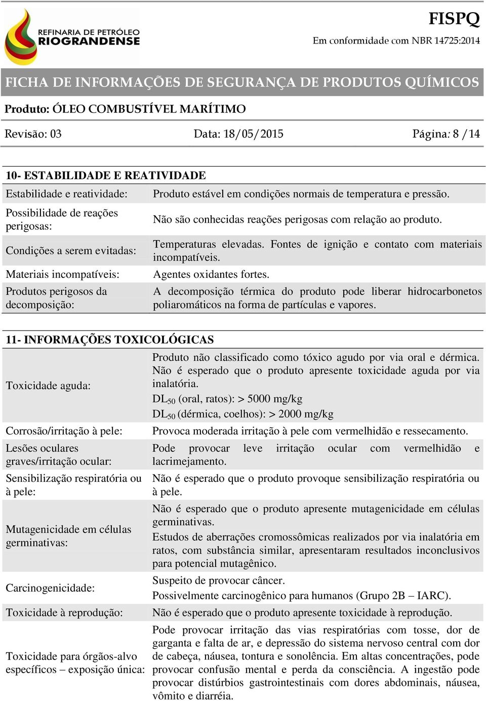 Fontes de ignição e contato com materiais incompatíveis. Agentes oxidantes fortes. A decomposição térmica do produto pode liberar hidrocarbonetos poliaromáticos na forma de partículas e vapores.