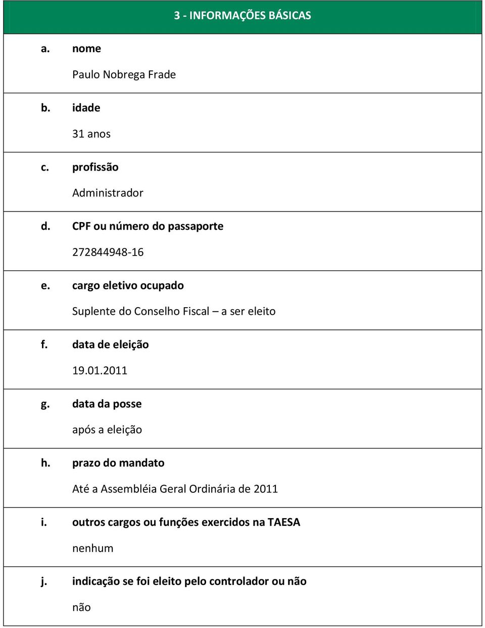 data de eleição 19.01.2011 g. data da posse após a eleição h.