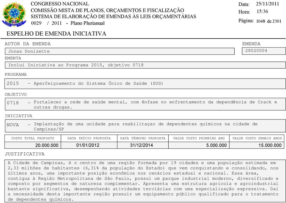 NOVA - Implantação de uma unidade para reabilitaçao de dependentes químicos na cidade de Campinas/SP 20.000.