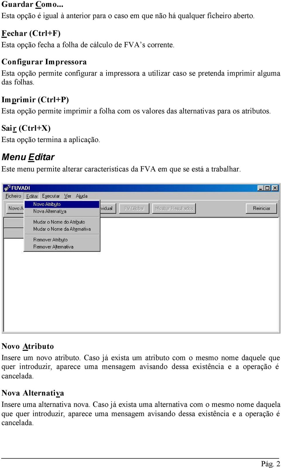 Imprimir (Ctrl+P) Esta opção permite imprimir a folha com os valores das alternativas para os atributos. Sair (Ctrl+X) Esta opção termina a aplicação.