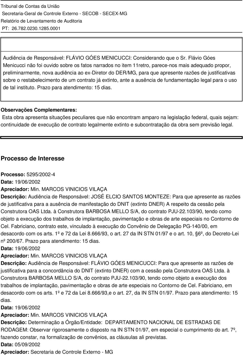 justificativas sobre o restabelecimento de um contrato já extinto, ante a ausência de fundamentação legal para o uso de tal instituto. Prazo para atendimento: 15 dias.