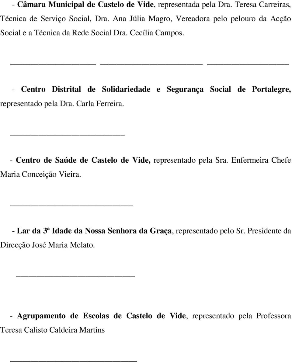 - Centro Distrital de Solidariedade e Segurança Social de Portalegre, representado pela Dra. Carla Ferreira.