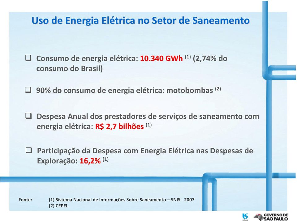 dos prestadores de serviços de saneamento com energia elétrica: R$ 2,7 bilhões (1) Participação da Despesa