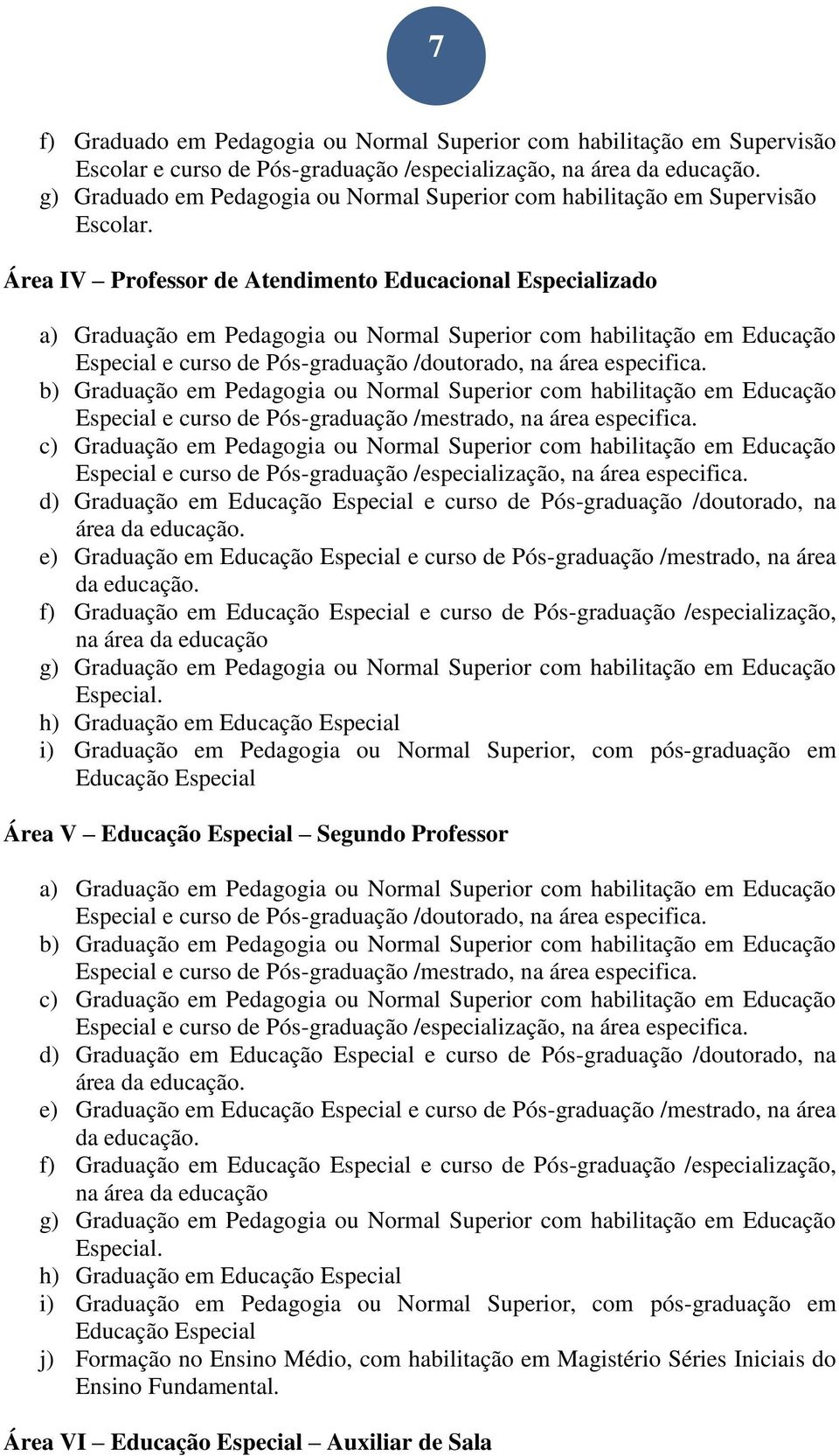 Área IV Professor de Atendimento Educacional Especializado a) Graduação em Pedagogia ou Normal Superior com habilitação em Educação Especial e curso de Pós-graduação /doutorado, na área especifica.