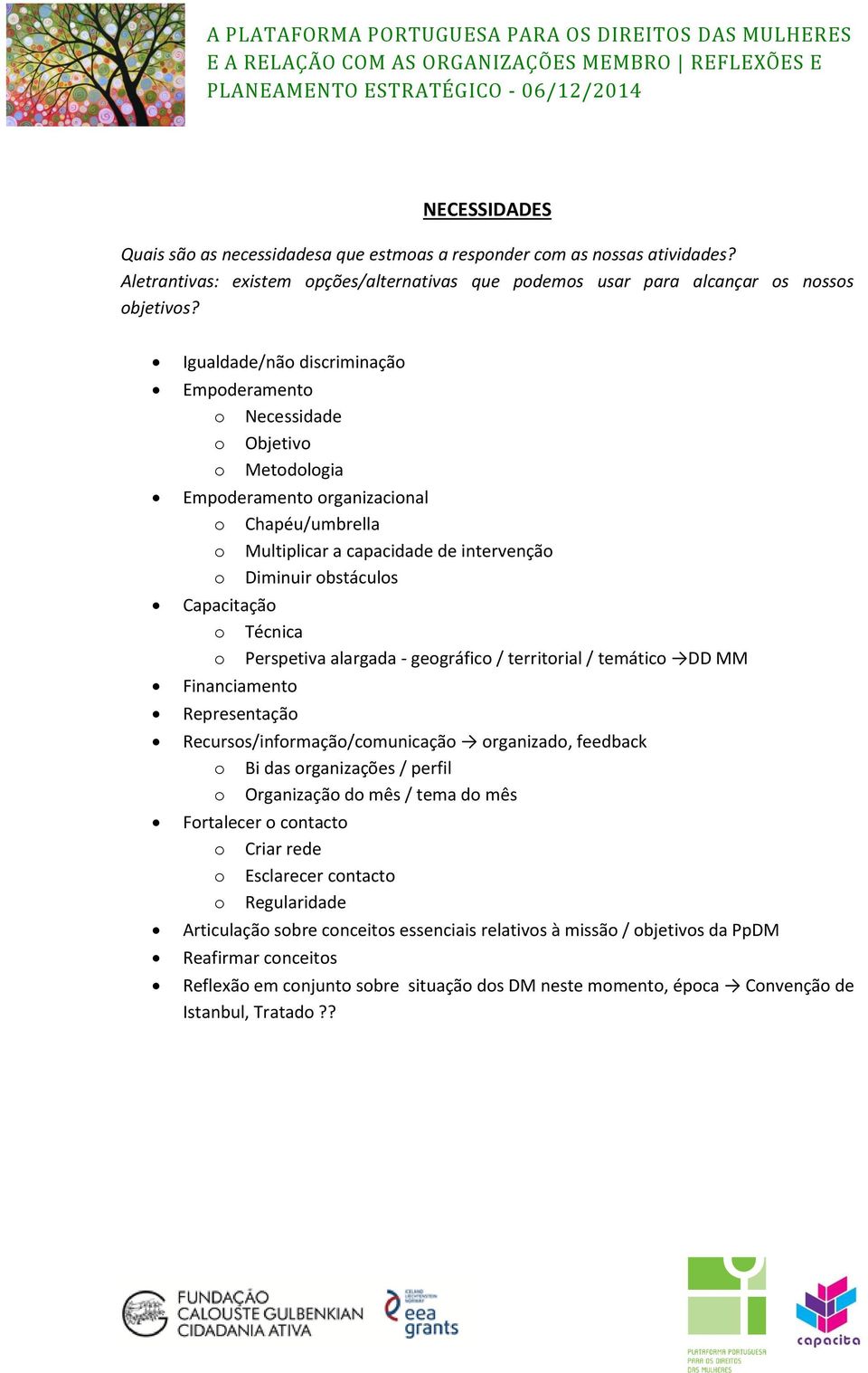 Capacitação o Técnica o Perspetiva alargada - geográfico / territorial / temático DD MM Financiamento Representação Recursos/informação/comunicação organizado, feedback o Bi das organizações / perfil