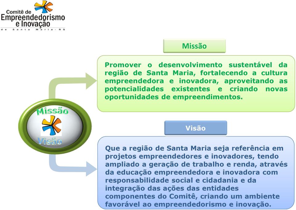 Visão Que a região de Santa Maria seja referência em projetos empreendedores e inovadores, tendo ampliado a geração de trabalho e renda,