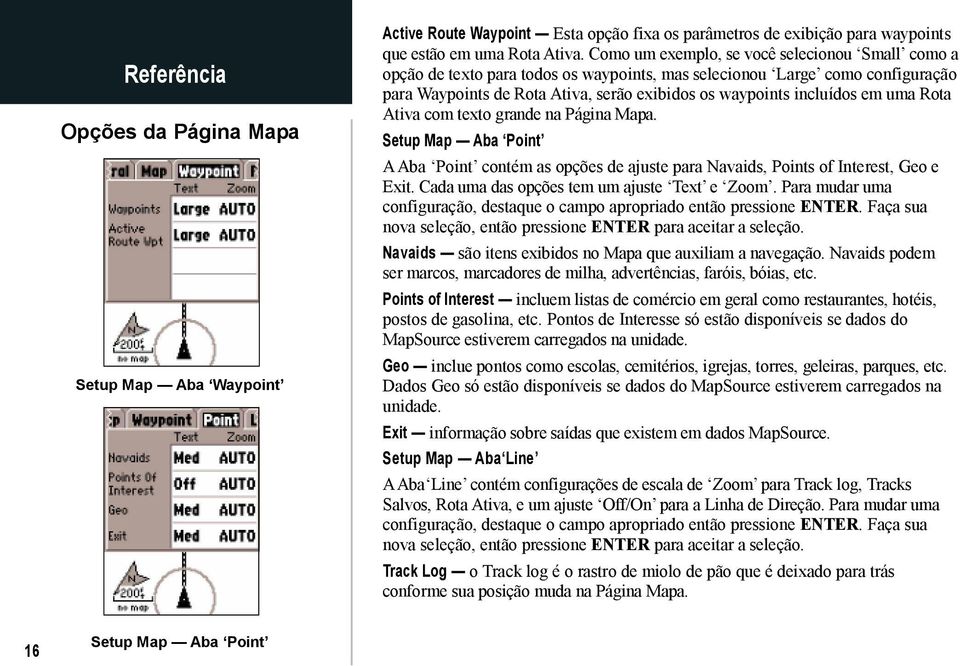 uma Rota Ativa com texto grande na Página Mapa. Setup Map Aba Point A Aba Point contém as opções de ajuste para Navaids, Points of Interest, Geo e Exit. Cada uma das opções tem um ajuste Text e Zoom.