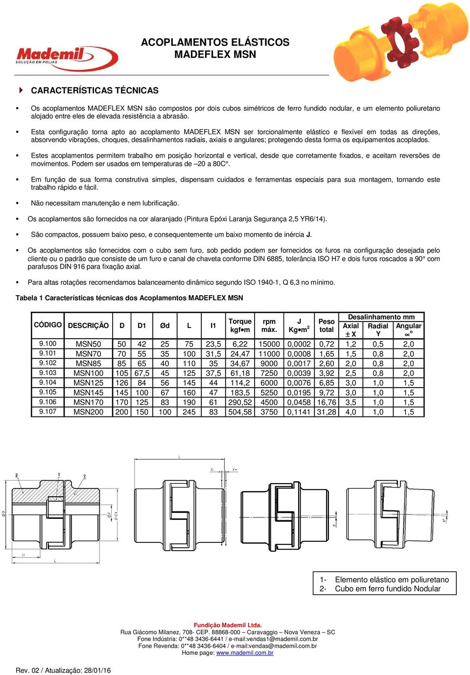 Esta configuração torna apto ao acoplamento MADEFLEX MSN ser torcionalmente elástico e flexível em todas as direções, absorvendo vibrações, choques, desalinhamentos radiais, axiais e angulares;