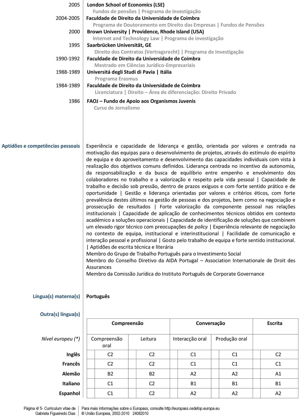 Mestrado em Ciências Jurídico-Empresariais Universitá degli Studi di Pavia Itália Programa Erasmus Licenciatura Direito Área de diferenciação: Direito Privado 1986 FAOJ Fundo de Apoio aos Organismos