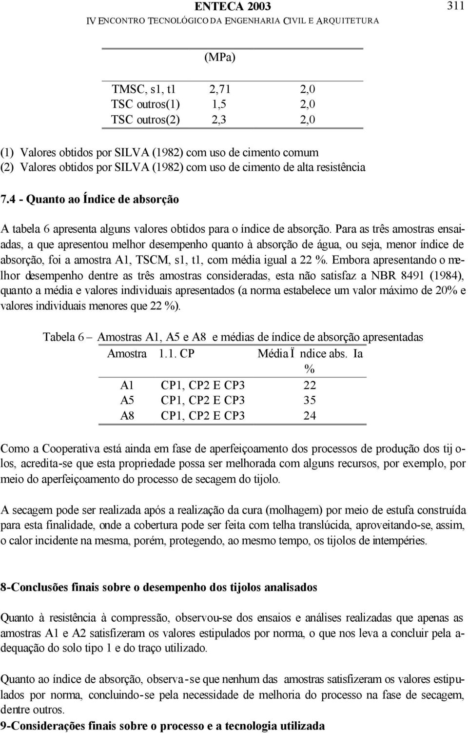 Para as três amostras ensaiadas, a que apresentou melhor desempenho quanto à absorção de água, ou seja, menor índice de absorção, foi a amostra A1, TSCM, s1, t1, com média igual a 22 %.